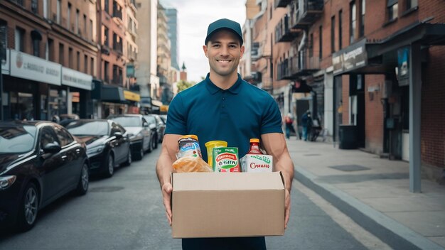 Handsome caucasian delivery man carrying package box of grocery food and drink from store