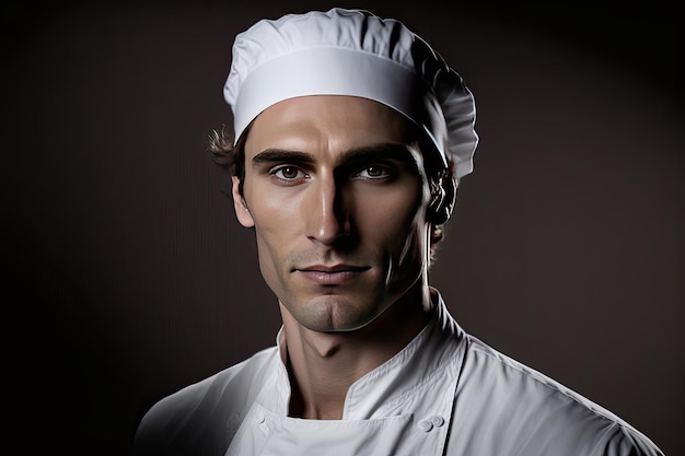 Handsome caucasian serious chef on dark background Generative AI