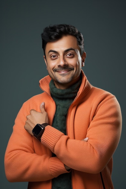 Красивый и веселый индийский молодой человек в свитере зимой смотрит в камеру
