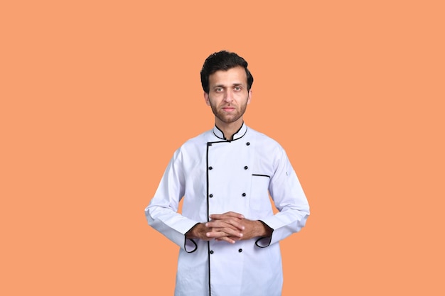 handsome chef cook front pose white outfit indian pakistani model