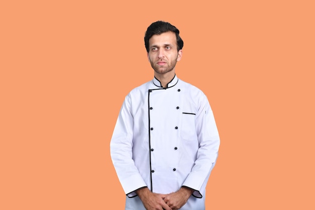 handsome chef cook front pose white outfit indian pakistani model