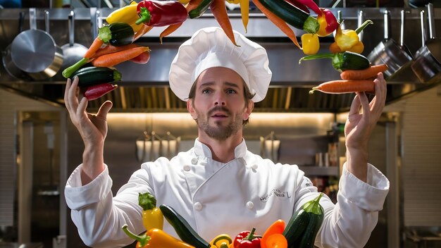 Photo handsome chef jugglery with vegetable