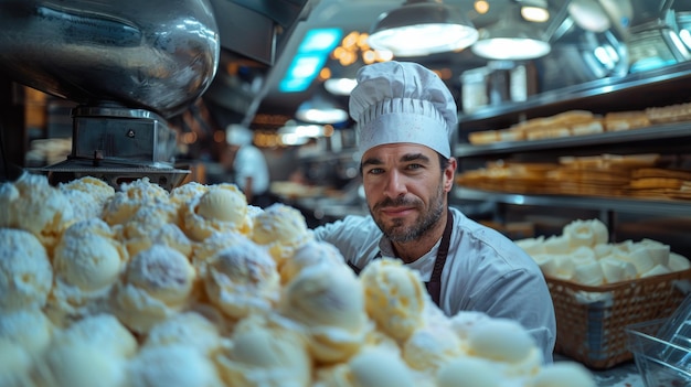 Handsome Chef in Uniform Smiling in Busy Bakery Kitchen