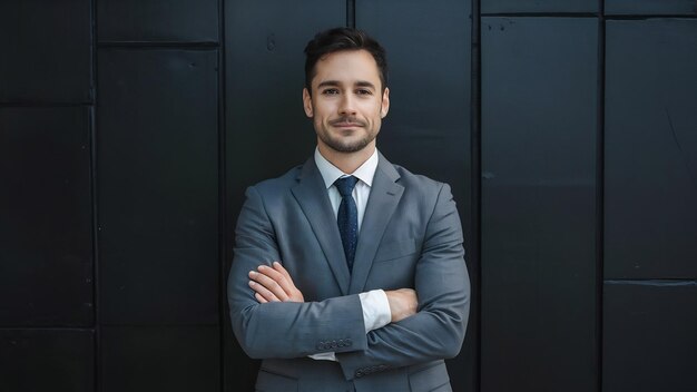 Handsome confident businessman wearing suit standing isolated over black wall arms folded