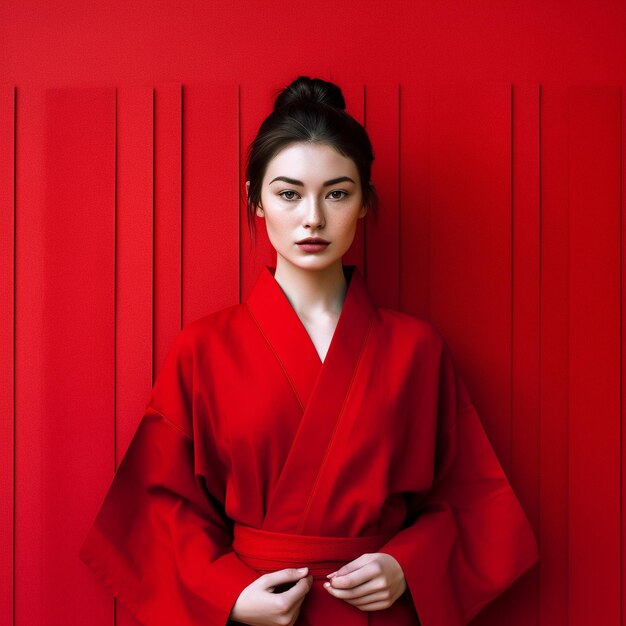 Handsome confident businesswoman model wearing red suit standing on solid background