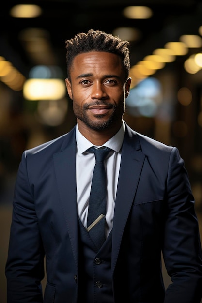 Handsome confident young African American businessman standing in office created with generative AI