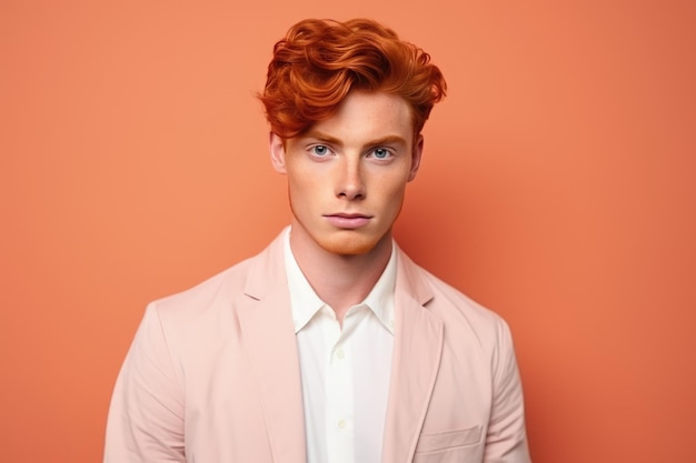 Photo handsome and confident young man with red hair on apricot crush studio background