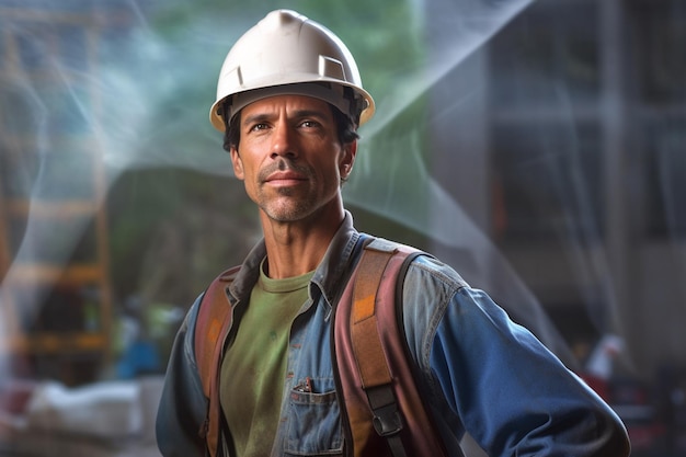 Handsome construction worker with blueprints on worksite with Generative AI