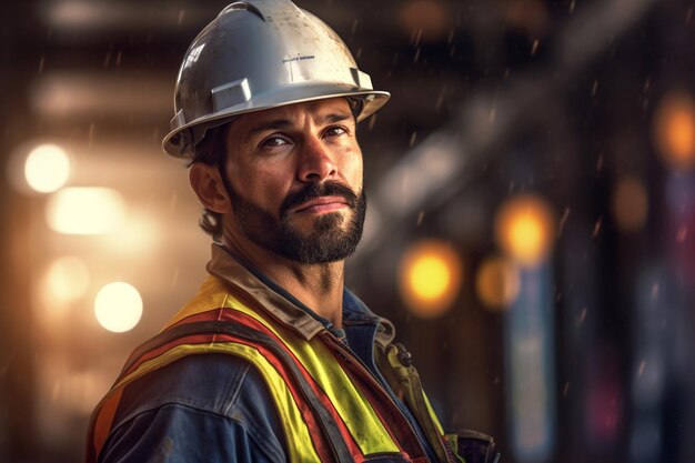 Handsome construction worker with blueprints on worksite with Generative AI