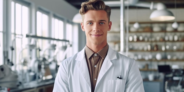 Handsome doctor in a modern clinic exuding confidence with a slight smile Represents expertise and care in a contemporary medical setting Generative AI