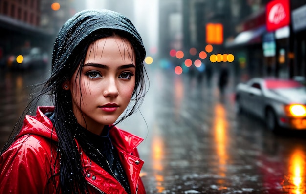 A handsome drenched girl in the rain in metropolis center Generative AI