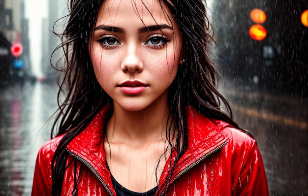 A handsome drenched girl in the rain in metropolis center Generative AI