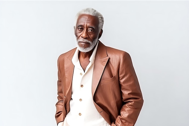 Handsome elderly African American man in brown jacket and light shirt posing on white background