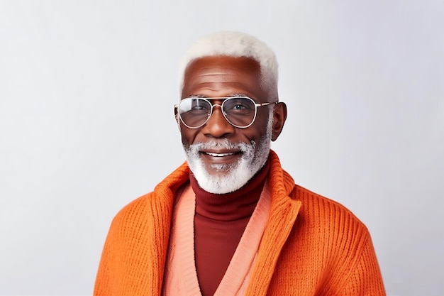 Handsome elderly Afro American man in stylish clothes and glasses posing on white background