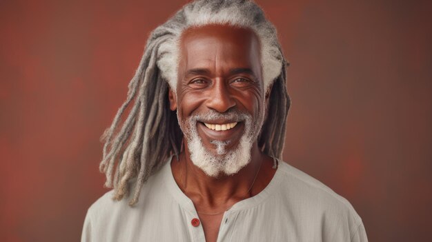 Handsome elderly black African American man with long dreadlocked hair on creamy beige background