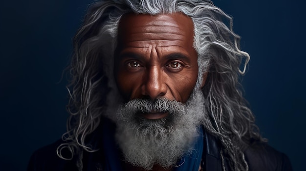 Handsome elderly black African American man with long dreadlocked hair on a dark blue background ba