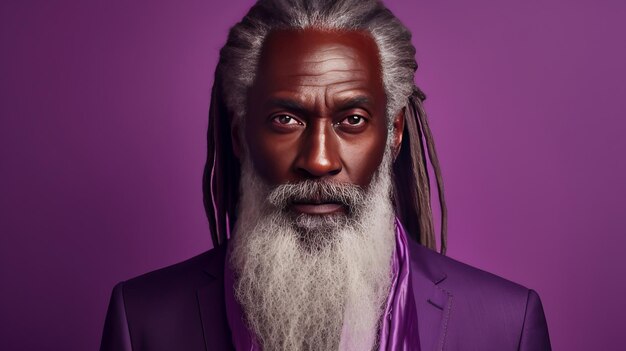 Handsome elderly black African American man with long dreadlocked hair on a purple background banne