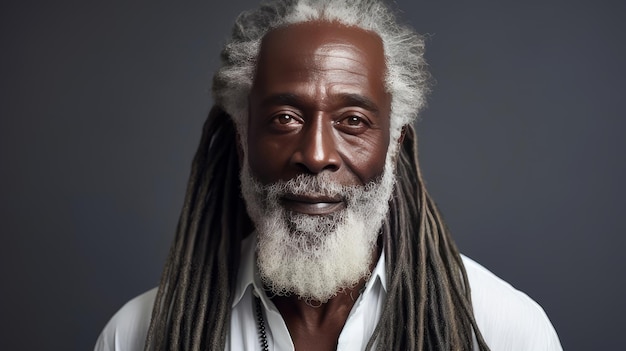 Handsome elderly black African American man with long dreadlocked hair on silver background banner