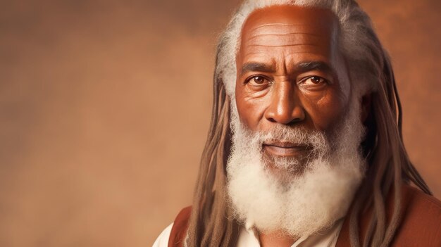 Handsome elderly black African American man with long dreadlocks on beige background banner