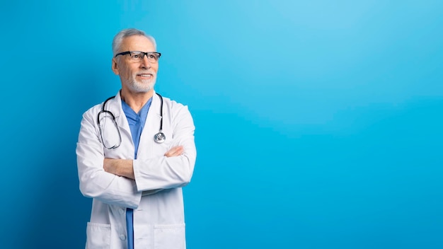 Handsome elderly doctor looking at copy space blue background