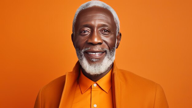 Handsome elegant elderly African American man on an orange background banner closeup copy space