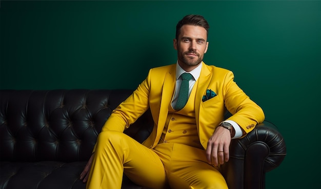 Photo handsome elegant guy dressed in a yellow suit and green tie