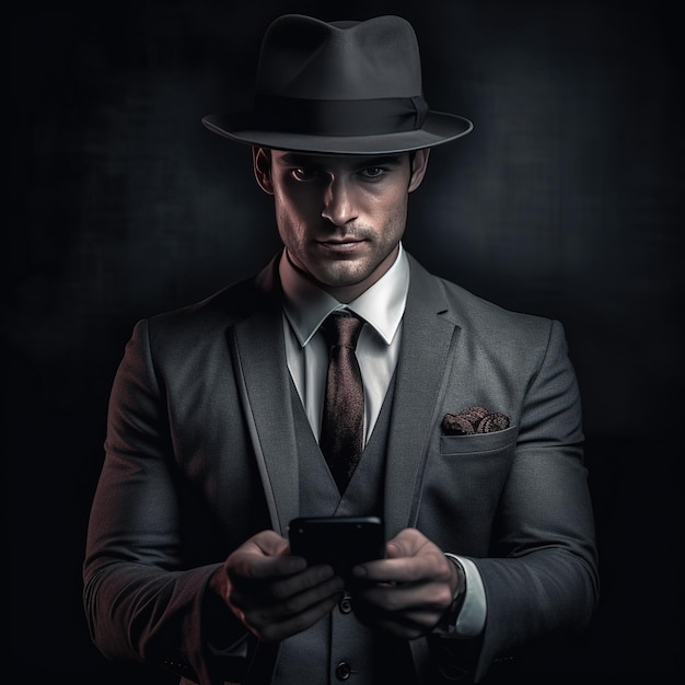 Handsome and elegant man in a hat fiddling with his smartphone