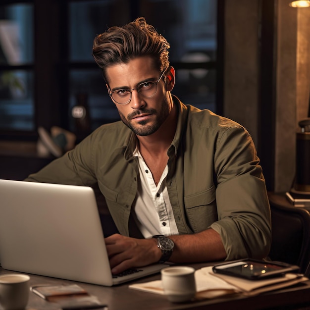 A handsome elegant man on laptop in his office