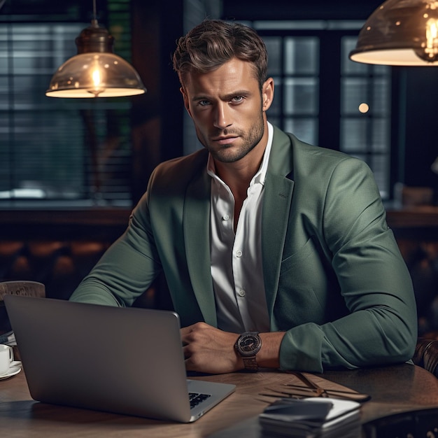 A handsome elegant man on laptop in his office