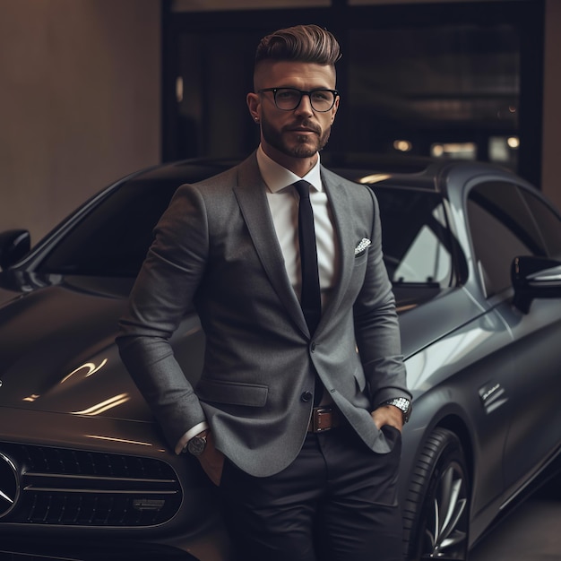 Handsome and elegant man with his car