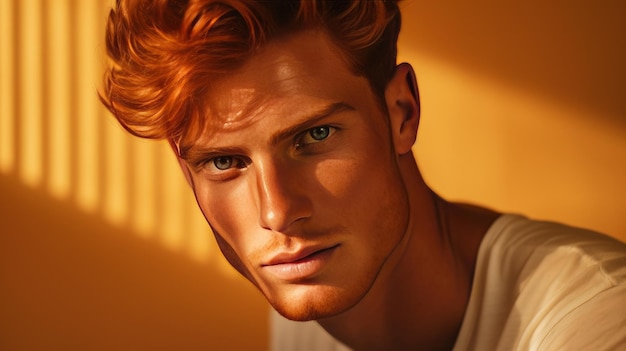 Handsome elegant sexy Caucasian man with perfect skin and red hair on a golden background banner
