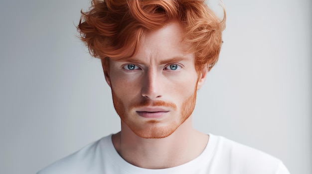 Красивый, элегантный, сексуальный белый мужчина с идеальной кожей и рыжими волосами на белом фоне.