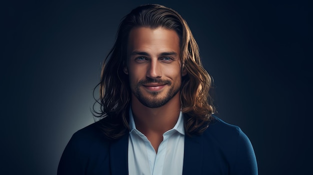 Photo handsome elegant sexy smiling caucasian man with perfect skin and long hair on a dark blue backgrou