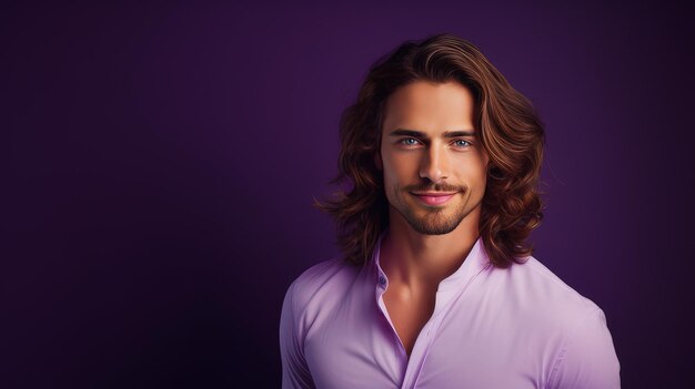 Handsome elegant sexy smiling Caucasian man with perfect skin and long hair on a purple background