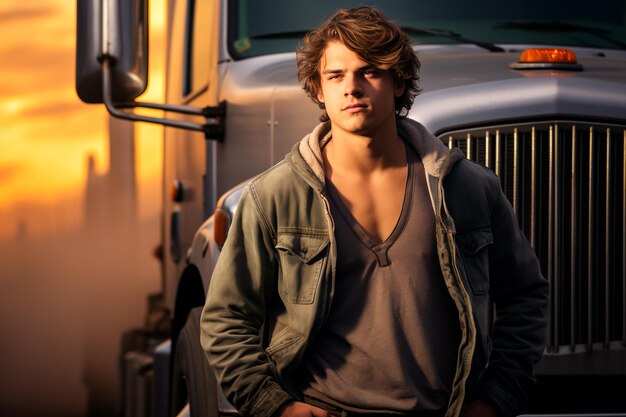 Handsome European truck driver on the background of a truck on the road