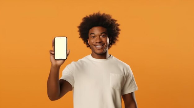 Handsome excited african american man showing pointing at empty smartphone screen