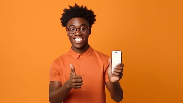空のスマートフォン画面を指差して示すハンサムな興奮したアフリカ系アメリカ人男性