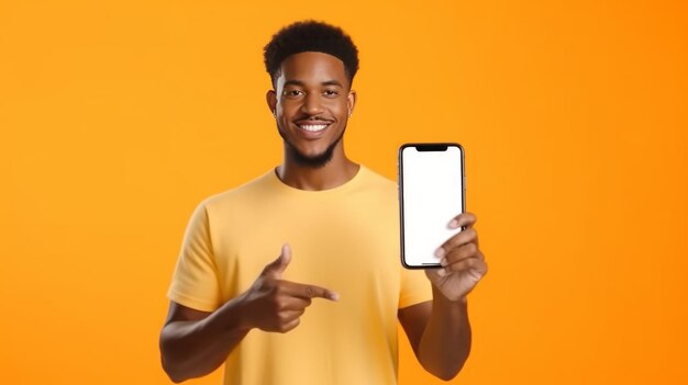 Handsome excited african american man showing pointing at empty smartphone screen