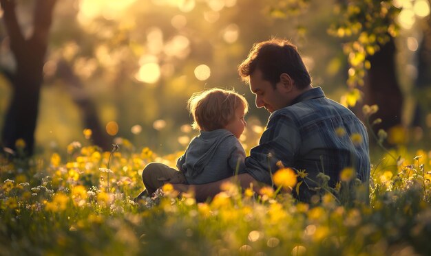 Foto il bel padre e il figlio con i fiori in fiore