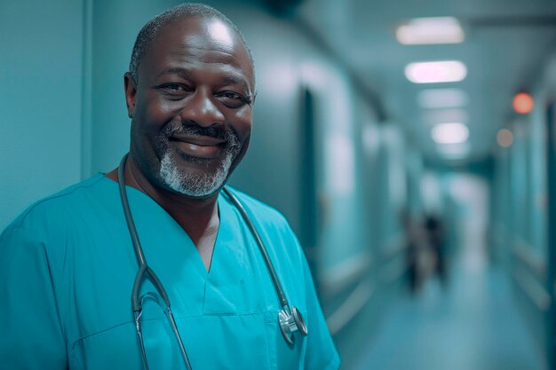 Фото Красивый дружелюбный улыбающийся африканский врач средних лет в коридоре больницы смотрит в камеру