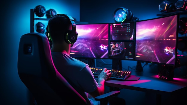 Handsome gamer guy is sitting by his pc Beautiful illustration picture Generative AI