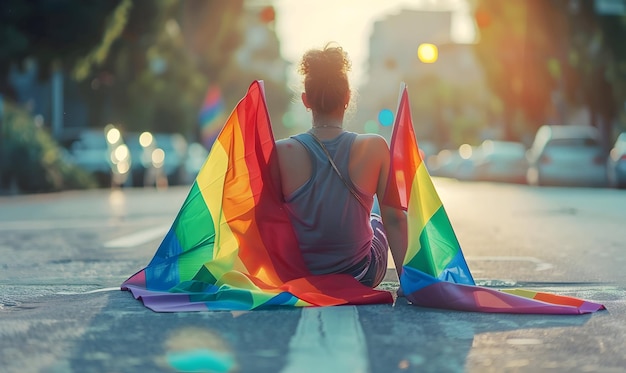 handsome Gay man with rainbow flags sitting on street