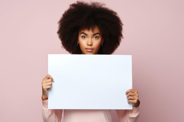 a handsome girl holding a blank placard sign poster paper for mock up in his hands on pastel pink background