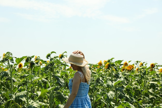 Handsome girl in sunflower field. Summer sunny day