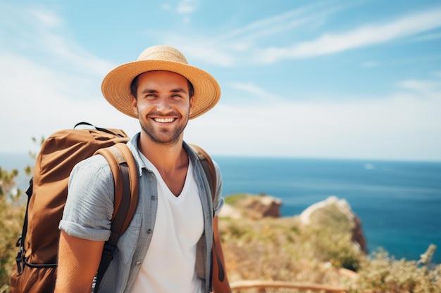 Handsome guy going on summer vacation backpacking on holiday tourist with straw hat and camera smili