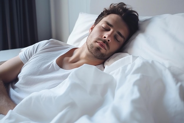 優しい男が柔らかいベッドで平和に眠っている