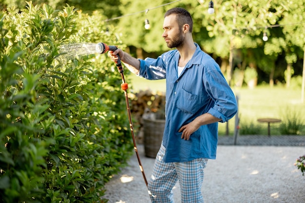 Photo handsome guy watering green hedge at garden