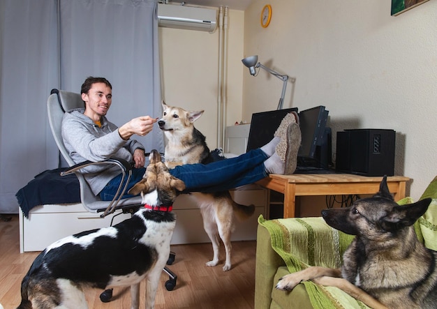 Handsome guy with a dogs sitting in computer armchair