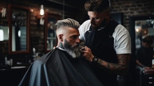 Handsome hairdresser cutting hair of male client Hairstylist serving client at barber shop