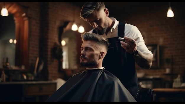 Handsome hairdresser cutting hair of male client Hairstylist serving client at barber shop